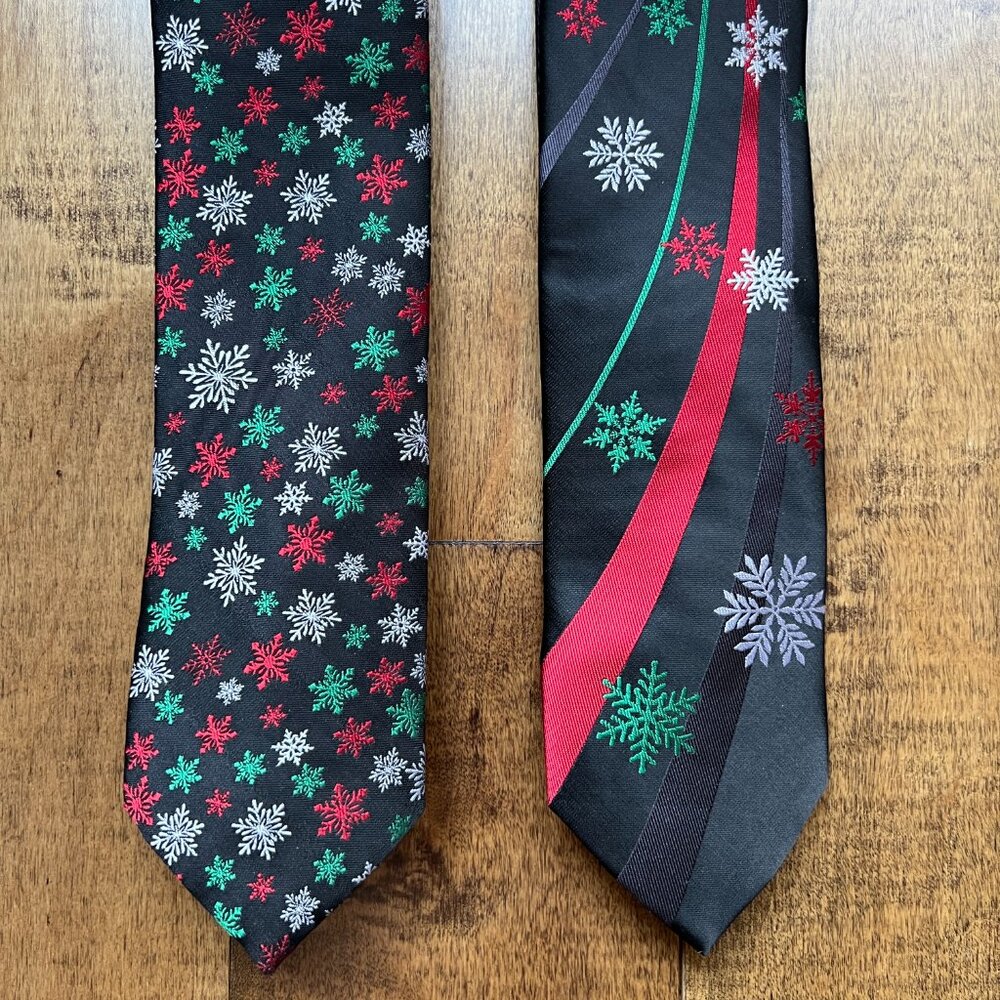 (2) Holiday Traditions Hallmark Men Neck Ties Black Snowflake Print Christmas